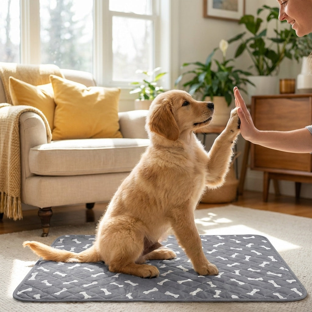 Golden retriever puppy getting a high-five on the HiSnoot Pad