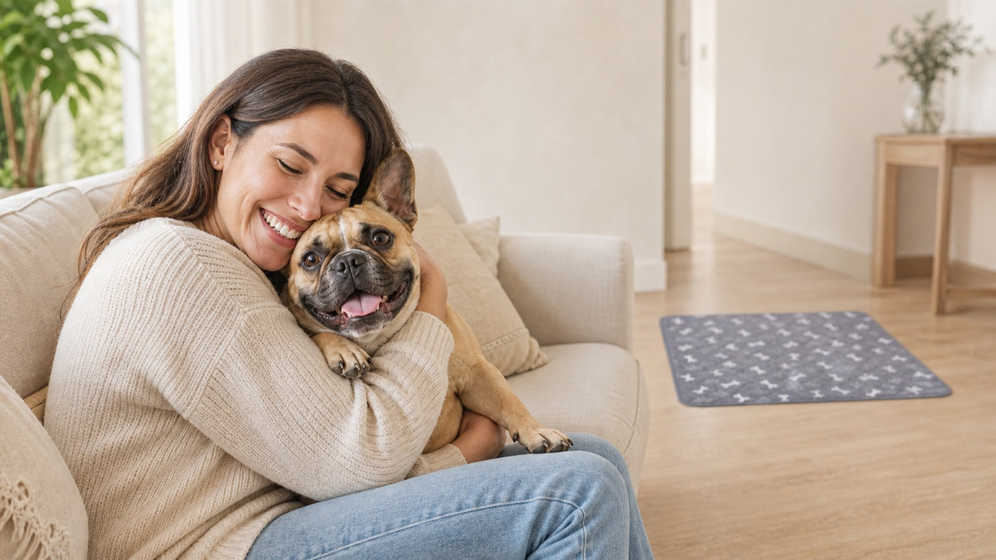 Founder hugging her French bulldog on the couch